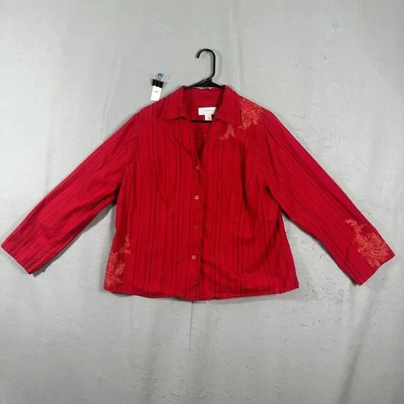 CJ Banks Womens Button Up Top Stripes Red Plus Size 1X - Picture 1 of 11